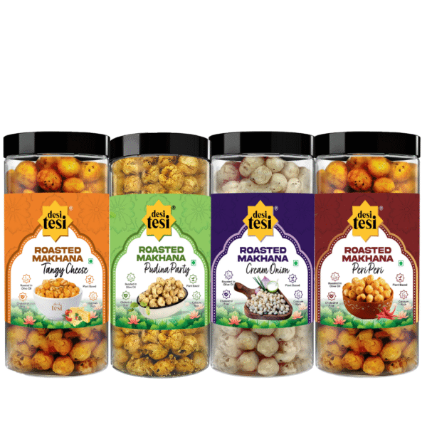 Roasted Makhana Variety Pack (Pack of 4) | Peri Peri, Cream & Onion, Pudina Party & Tangy Cheese | Healthy & Guilt-Free Snack